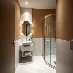 A small yet stylish bathroom near Lake Como, showcasing a modern marble interior design paired with earthy walls and intentionally no plants