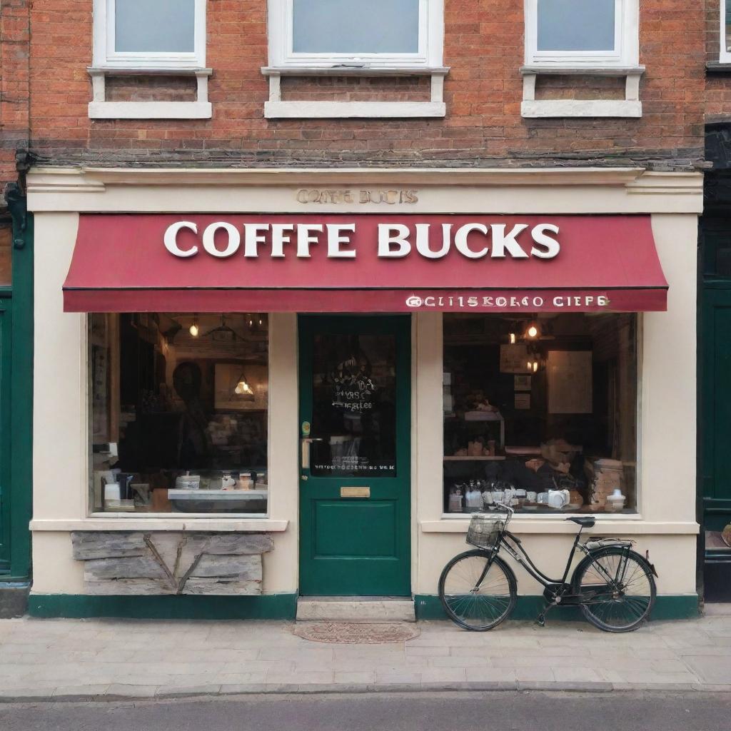 A quaint, inviting coffee shop facade with the name 'Coffe Bucks' printed in elegant, bold fonts on its large signboard.