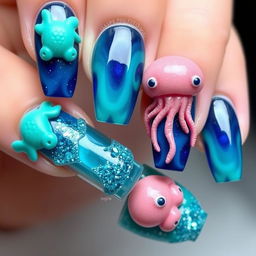 Nails adorned with voluminous elements shaped like sea creatures, specifically fish and jellyfish