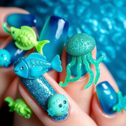 Nails adorned with voluminous elements shaped like sea creatures, specifically fish and jellyfish