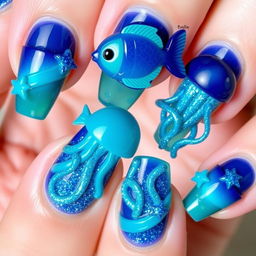 Nails adorned with voluminous elements shaped like sea creatures, specifically fish and jellyfish