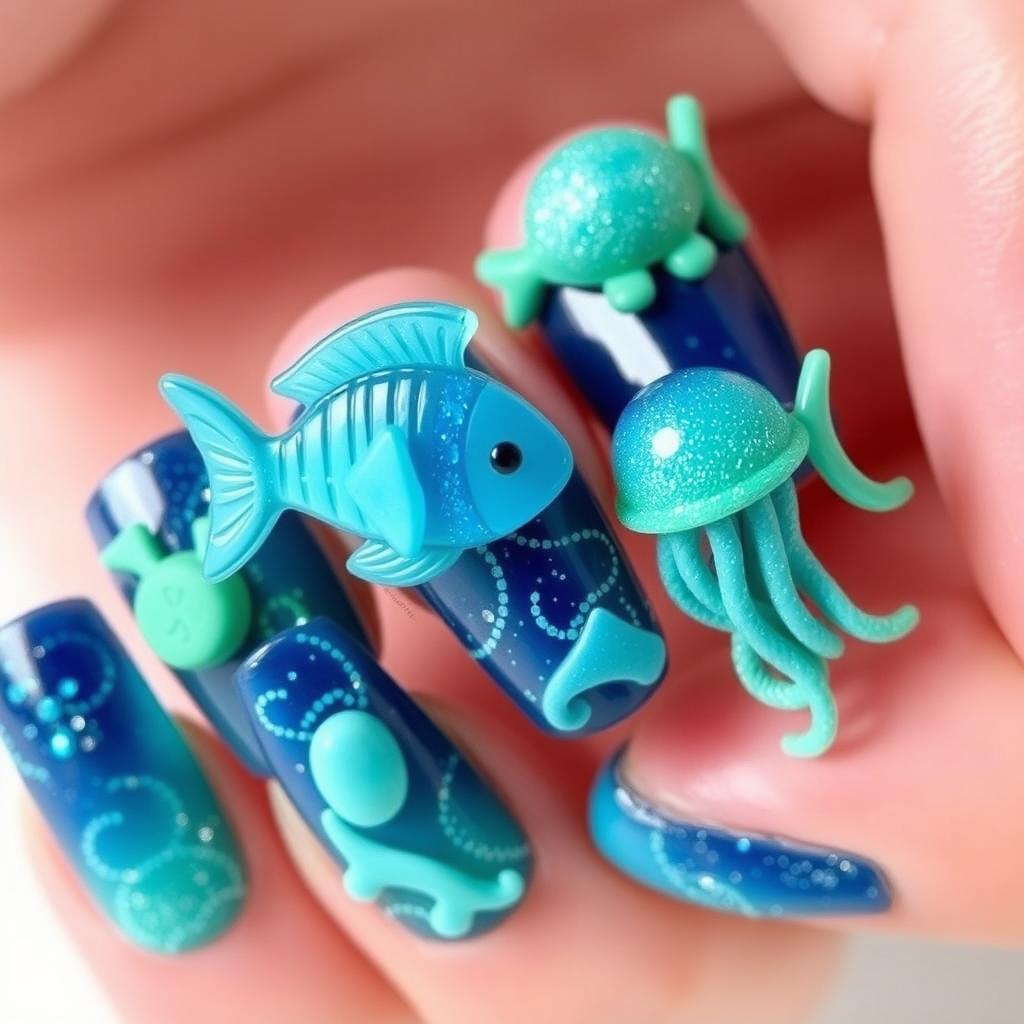 Nails adorned with voluminous elements shaped like sea creatures, specifically fish and jellyfish