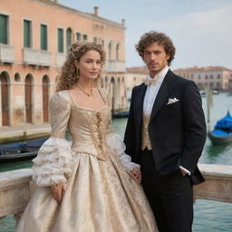 Revise the scene to display Portia, flaunting her dark blonde curls and dressed in luxurious heiress clothing, alongside her male friend Antonio, a merchant. Their lively dialogue sets the stage against the iconic views of Venice.