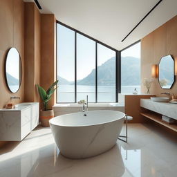 A stylish bathroom in the Lake Como region featuring a modern marble interior design with earth-toned walls and intentionally no plants