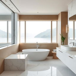 A stylish bathroom in the Lake Como region featuring a modern marble interior design with earth-toned walls and intentionally no plants