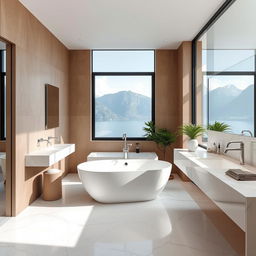 A stylish bathroom in the Lake Como region featuring a modern marble interior design with earth-toned walls and intentionally no plants