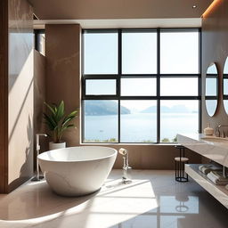 A stylish bathroom in the Lake Como region featuring a modern marble interior design with earth-toned walls and intentionally no plants