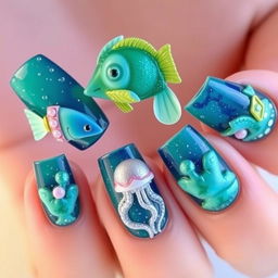 Nails embellished with voluminous elements depicting sea creatures, such as fish and jellyfish