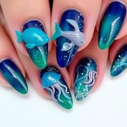 Nails embellished with voluminous elements depicting sea creatures, such as fish and jellyfish