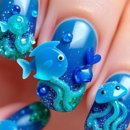 Nails embellished with voluminous elements depicting sea creatures, such as fish and jellyfish