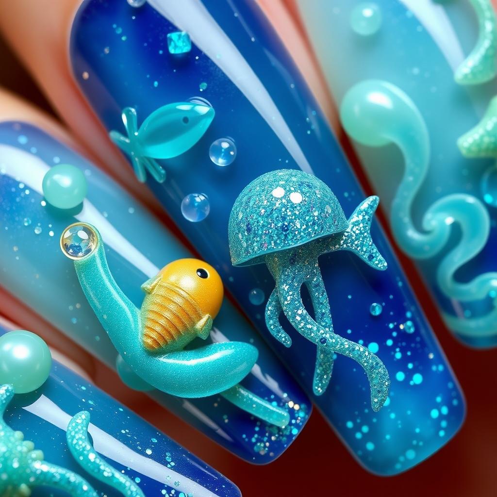 Nails embellished with voluminous elements depicting sea creatures, such as fish and jellyfish