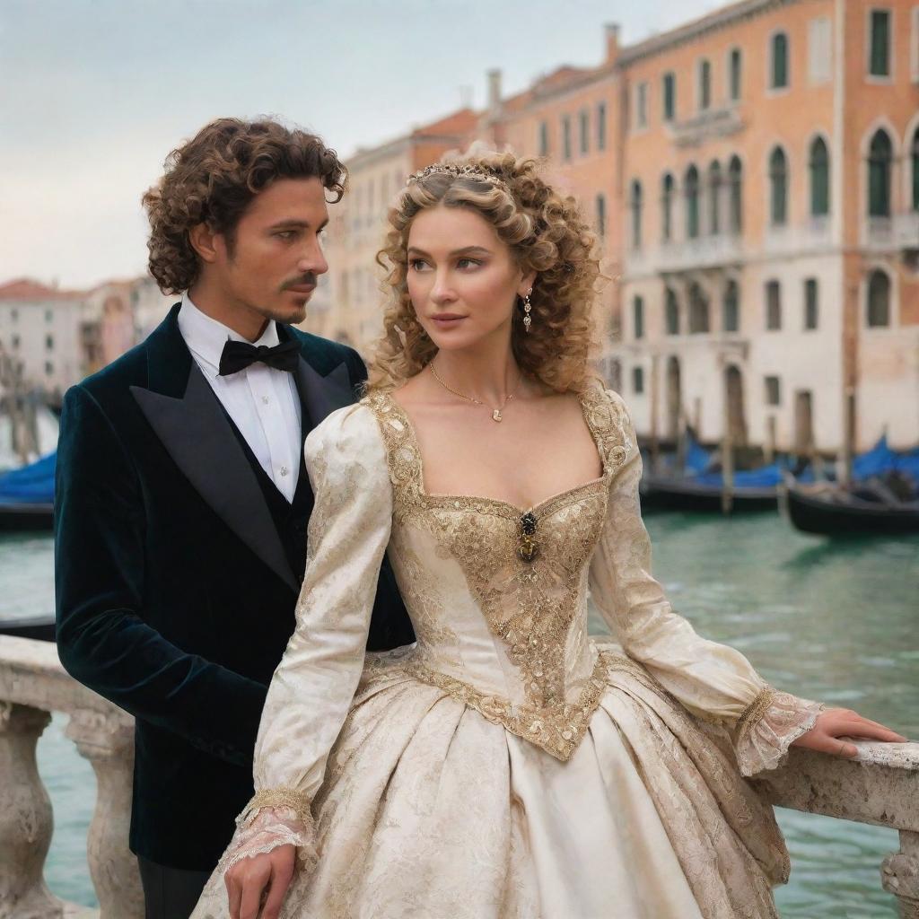 Revise the scene to display Portia, flaunting her dark blonde curls and dressed in luxurious heiress clothing, alongside her male friend Antonio, a merchant. Their lively dialogue sets the stage against the iconic views of Venice.