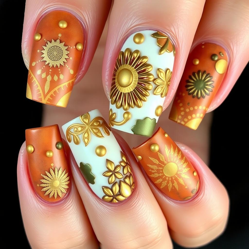 Nails featuring 3D elements inspired by shapes and patterns from various cultures