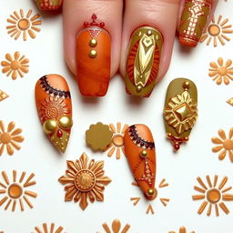 Nails featuring 3D elements inspired by shapes and patterns from various cultures