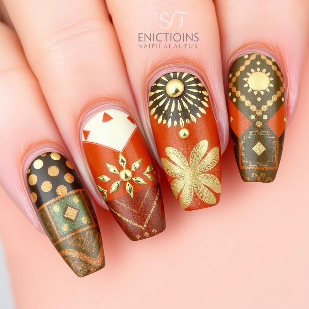 Nails featuring 3D elements inspired by shapes and patterns from various cultures