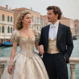 Revise the scene to display Portia, flaunting her dark blonde curls and dressed in luxurious heiress clothing, alongside her male friend Antonio, a merchant. Their lively dialogue sets the stage against the iconic views of Venice.