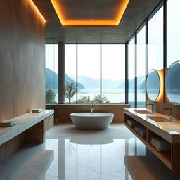 An exquisite bathroom at Lake Como embodying a modern marble interior design with earth-toned walls and absolutely no plants or window frames