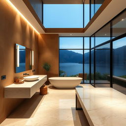 An exquisite bathroom at Lake Como embodying a modern marble interior design with earth-toned walls and absolutely no plants or window frames