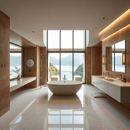 An exquisite bathroom at Lake Como embodying a modern marble interior design with earth-toned walls and absolutely no plants or window frames