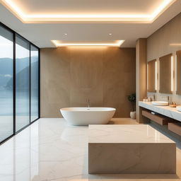 An exquisite bathroom at Lake Como embodying a modern marble interior design with earth-toned walls and absolutely no plants or window frames