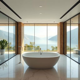 An awe-inspiring bathroom at Lake Como, characterized by modern marble interior design with earthy walls and a deliberate absence of plants and window frames