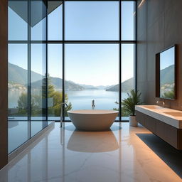 An awe-inspiring bathroom at Lake Como, characterized by modern marble interior design with earthy walls and a deliberate absence of plants and window frames