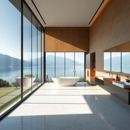 An awe-inspiring bathroom at Lake Como, characterized by modern marble interior design with earthy walls and a deliberate absence of plants and window frames