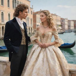 Revise the scene to display Portia, flaunting her dark blonde curls and dressed in luxurious heiress clothing, alongside her male friend Antonio, a merchant. Their lively dialogue sets the stage against the iconic views of Venice.