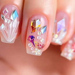 Close-up view of a 'Crystal World' bas-relief manicure, featuring nails adorned with bas-relief images of crystals and precious stones