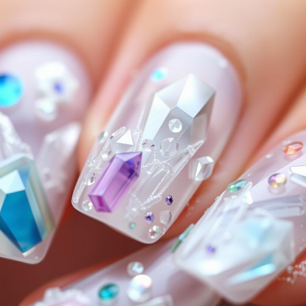 Close-up view of a 'Crystal World' bas-relief manicure, featuring nails adorned with bas-relief images of crystals and precious stones