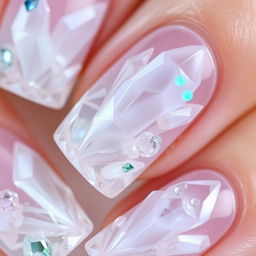 Close-up view of a 'Crystal World' bas-relief manicure, featuring nails adorned with bas-relief images of crystals and precious stones