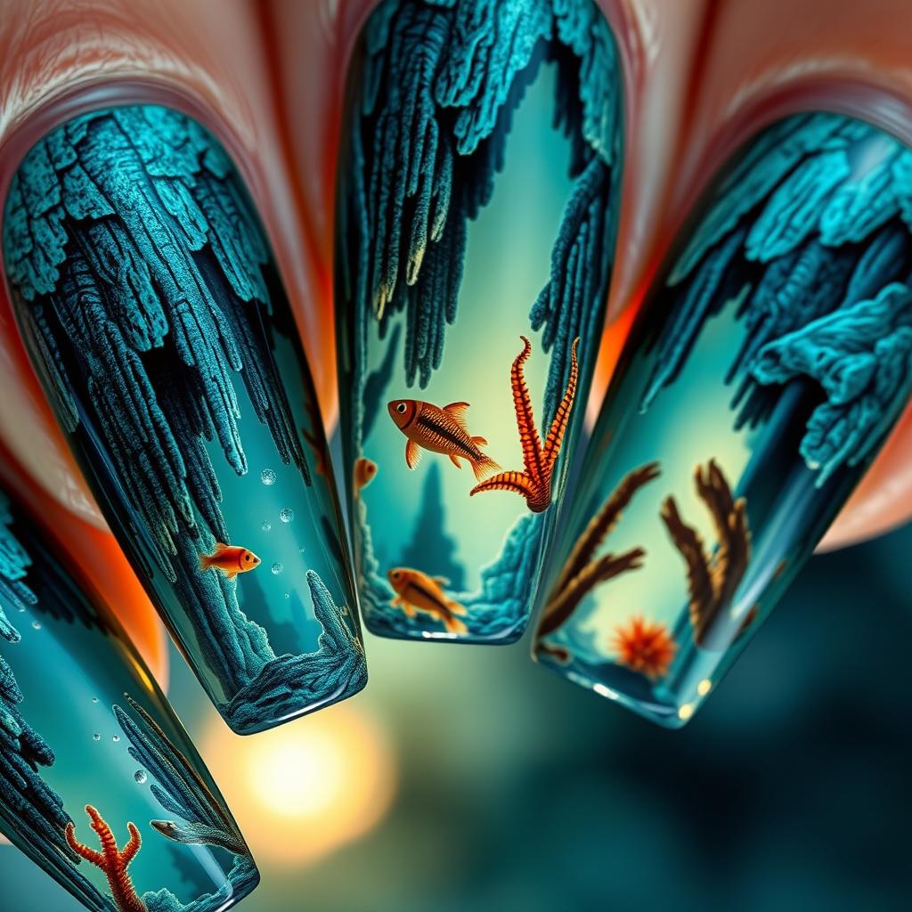 Macro shot of a manicure featuring an aquarium design titled 'Mysterious Cave'