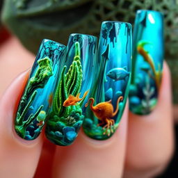 Macro shot of a manicure featuring an aquarium design titled 'Mysterious Cave'