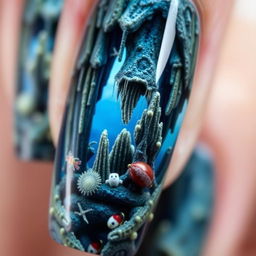 Macro shot of a manicure featuring an aquarium design titled 'Mysterious Cave'