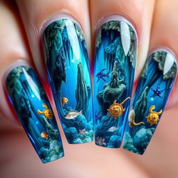 Macro shot of a manicure featuring an aquarium design titled 'Mysterious Cave'