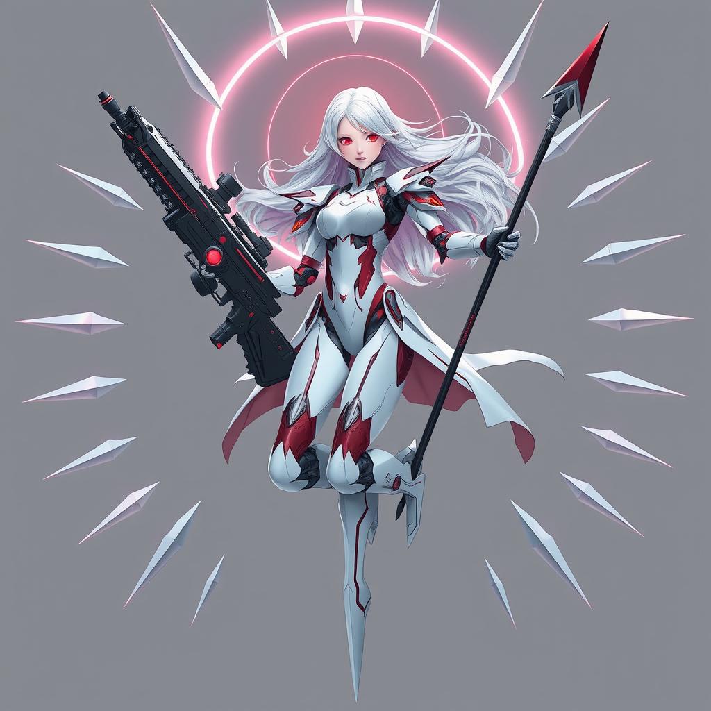 An ethereal, futuristic female warrior with silver-white hair and glowing red eyes, floating gracefully in mid-air