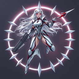 An ethereal, futuristic female warrior with silver-white hair and glowing red eyes, floating gracefully in mid-air