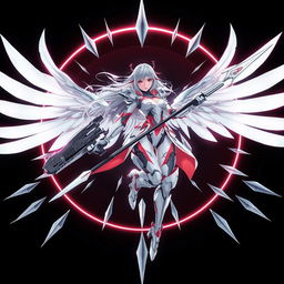 An ethereal, futuristic female warrior with silver-white hair and glowing red eyes, floating gracefully in mid-air