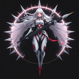 An ethereal, futuristic female warrior with silver-white hair and glowing red eyes, floating gracefully in mid-air