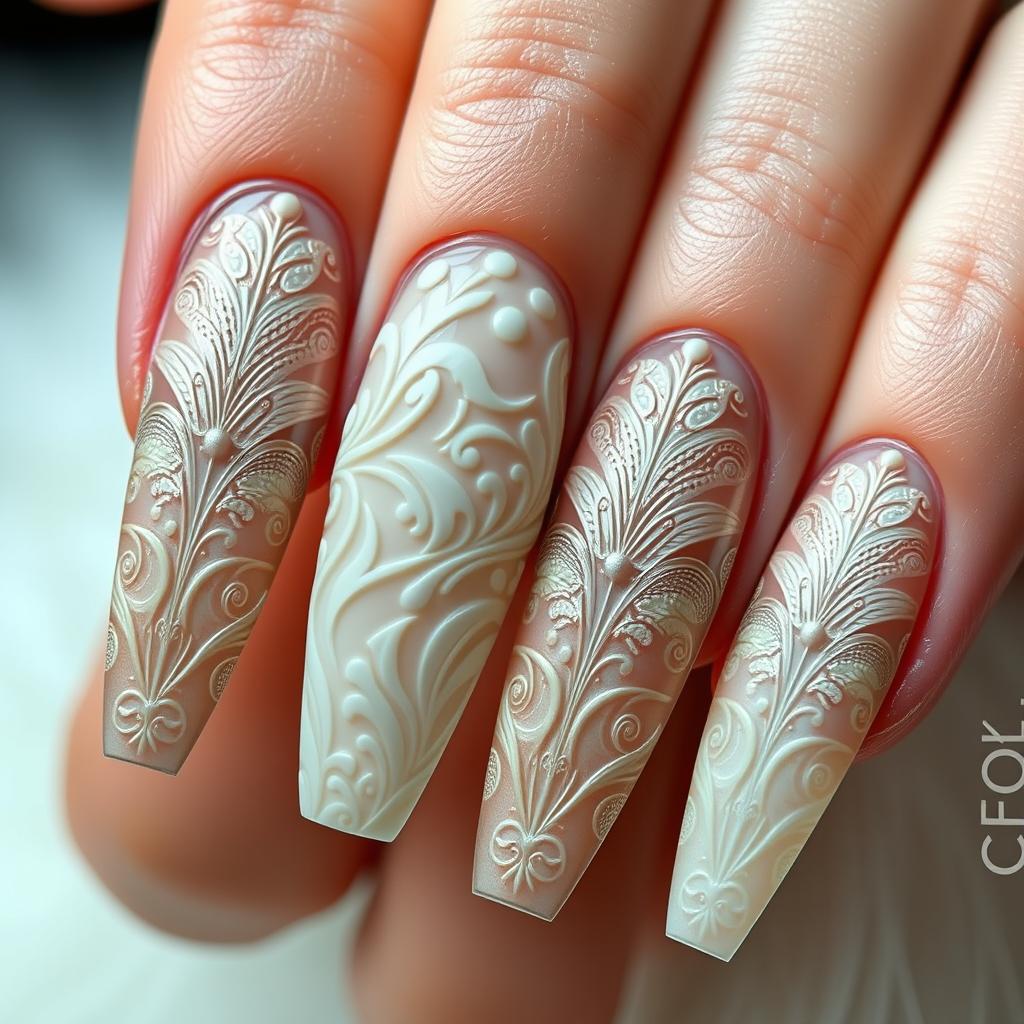 Photorealistic manicure showcasing a bas-relief design in the 'Retro Artist' style