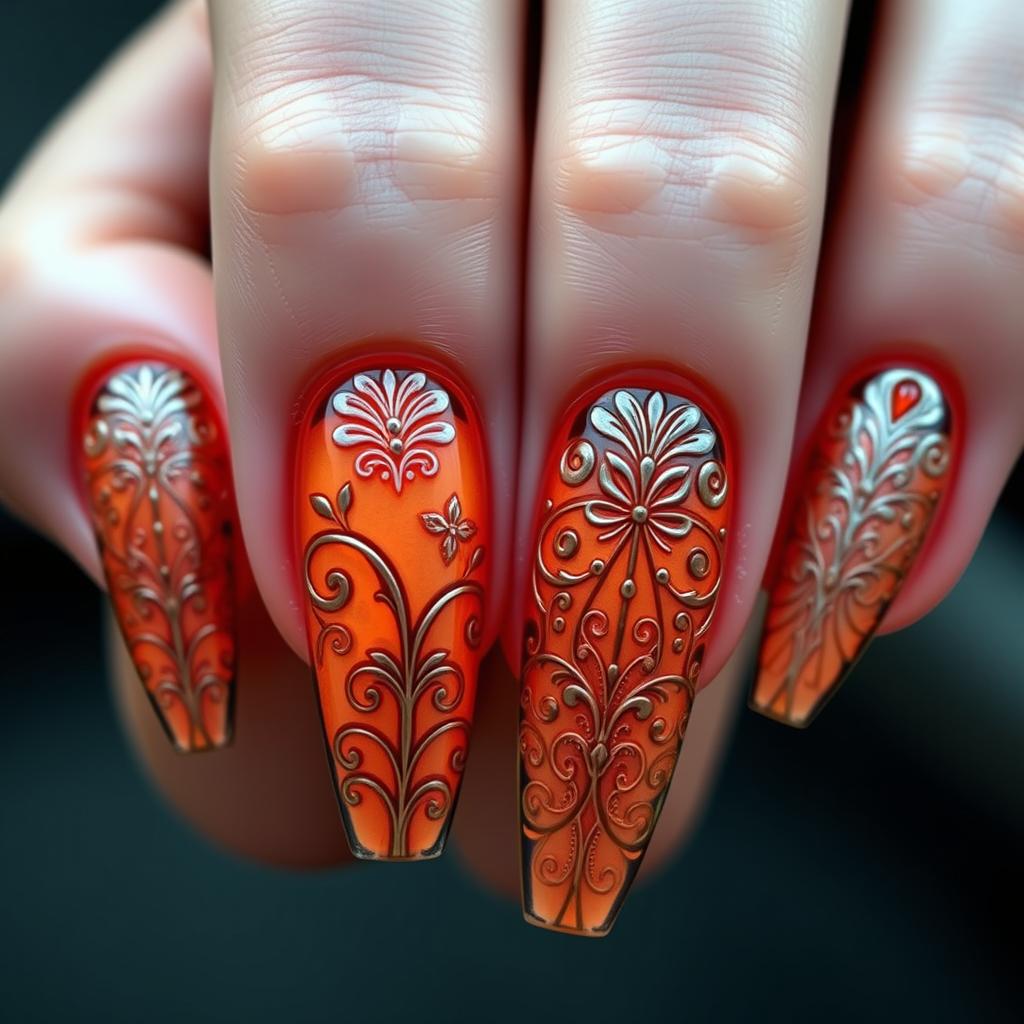 Photorealistic manicure showcasing a bas-relief design in the 'Retro Artist' style