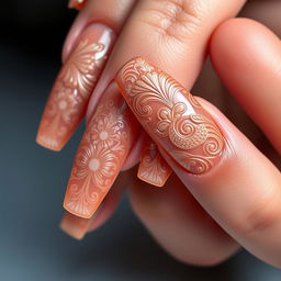 Photorealistic manicure showcasing a bas-relief design in the 'Retro Artist' style