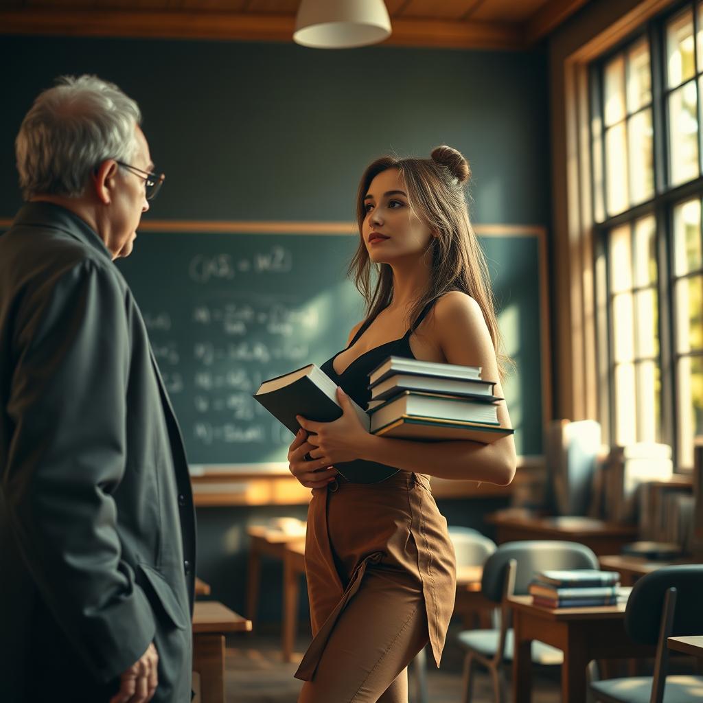 a young adult woman in an academic setting, featuring a professor-student interaction