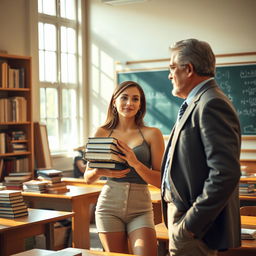 a young adult woman in an academic setting, featuring a professor-student interaction