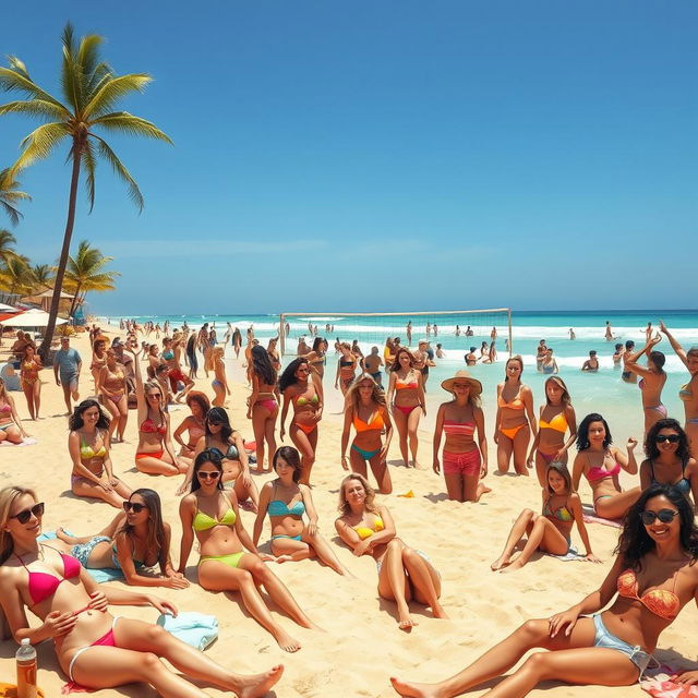 A lively beach scene featuring a multitude of women in colorful bikinis enjoying a sunny day