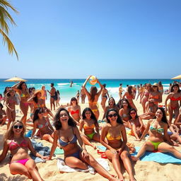 A lively beach scene featuring a multitude of women in colorful bikinis enjoying a sunny day