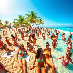 A lively beach scene featuring a multitude of women in colorful bikinis enjoying a sunny day