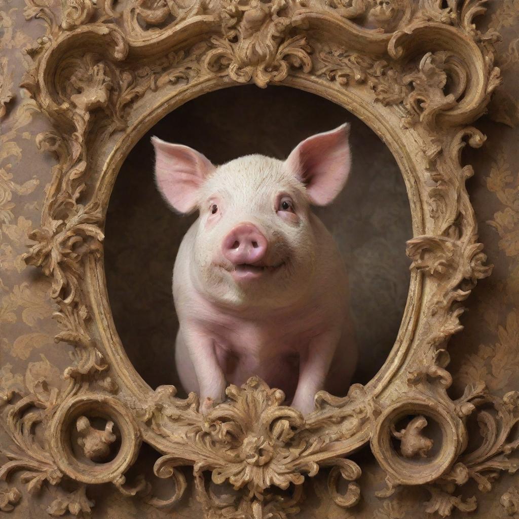 An ornate rococo-style art piece, showcasing intricacy and charm, featuring a pig as the central character.