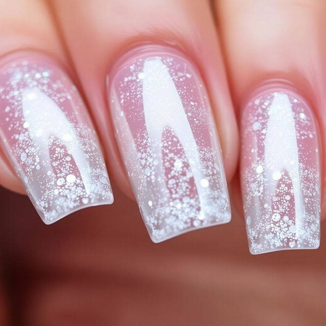 Close-up of a manicure featuring clear 'Diamond Wrap' nails