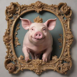 An ornate rococo-style art piece, showcasing intricacy and charm, featuring a pig as the central character.